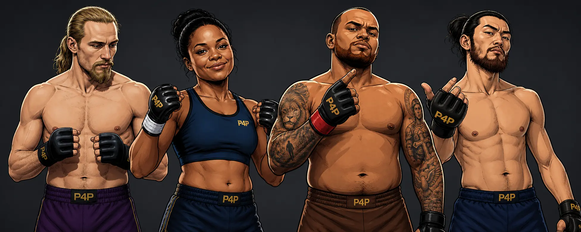 Four generated Pound for Pound fighters shown side by side in full-body stance